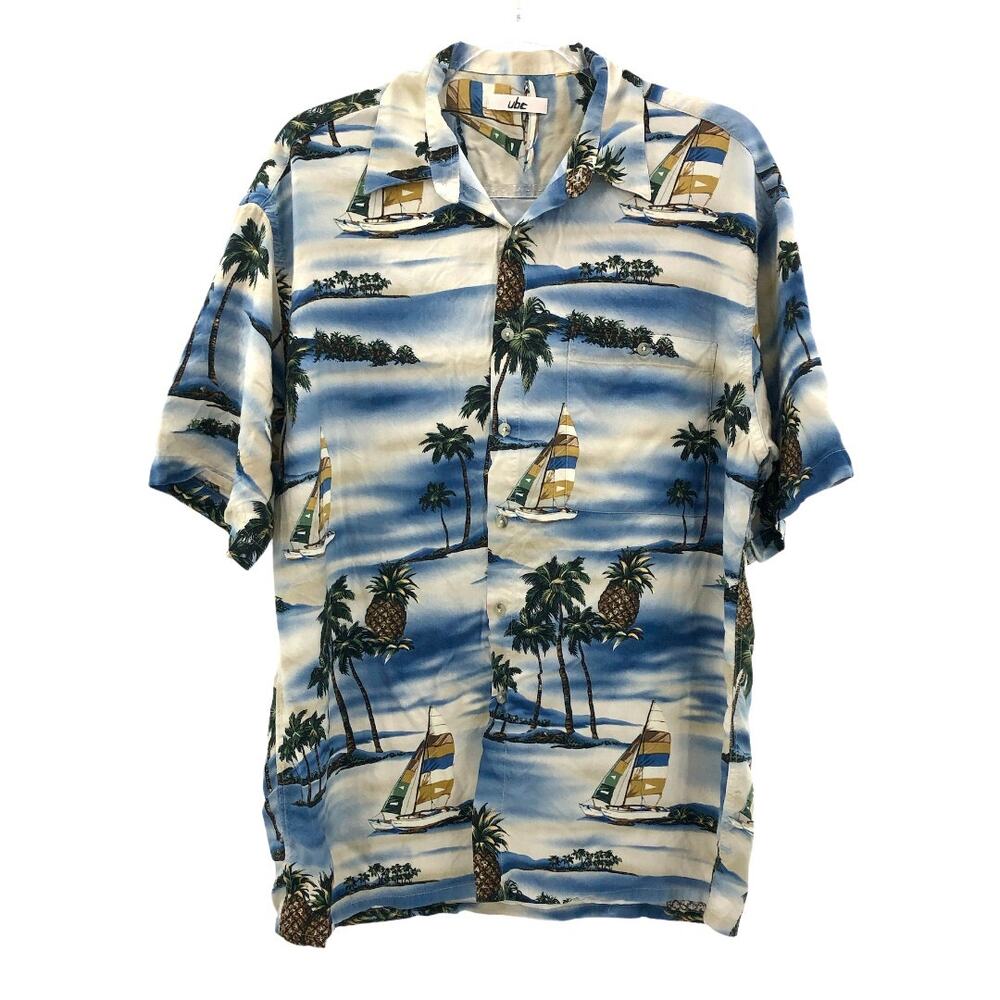UBC MEDIUM VINTAGE 80s Cream Hawaiian Aloha Shirt Blue Ocean Palm Beach Island